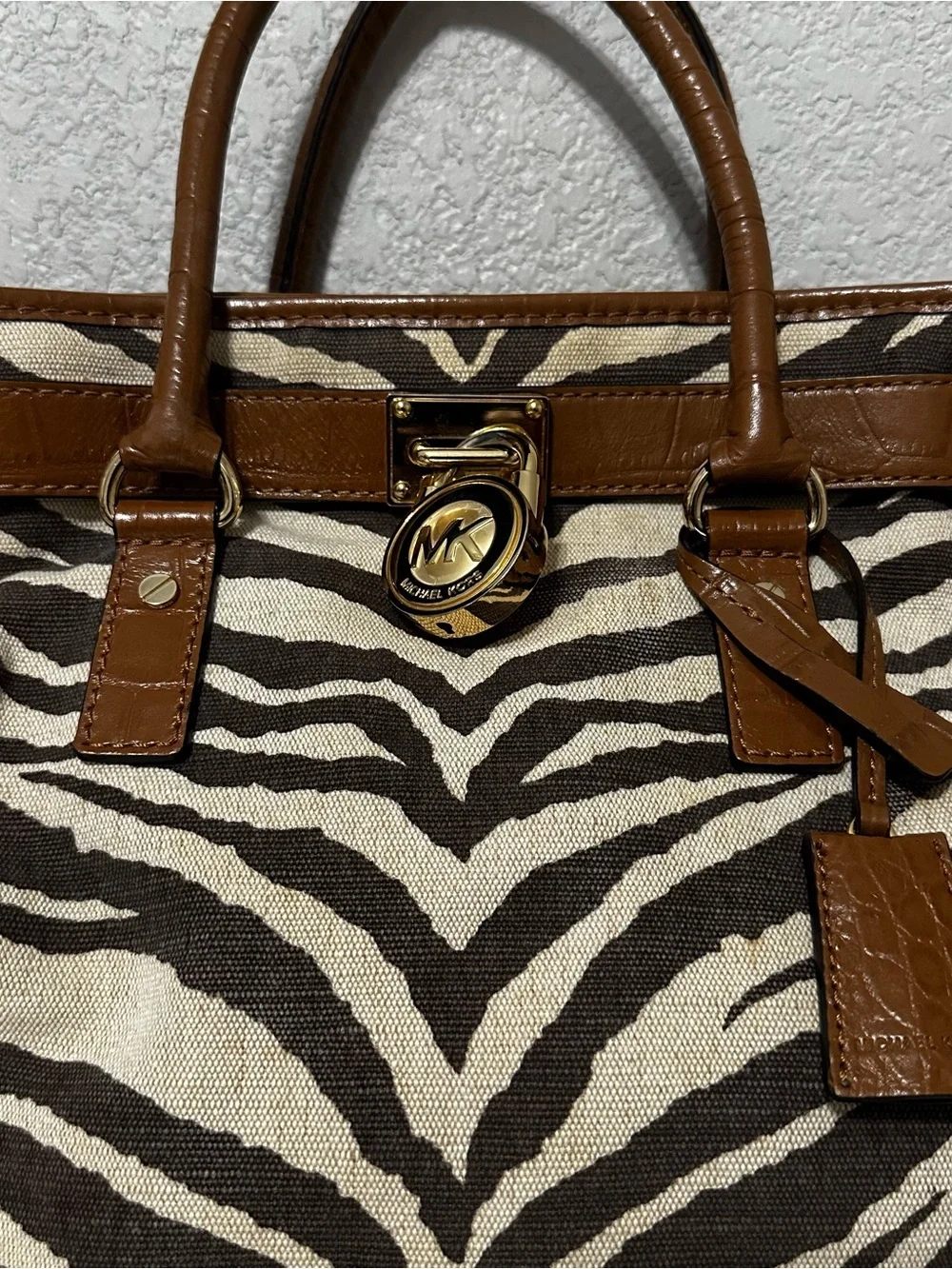 Michael Kors Hamilton Zebra Print Canvas Leather Tote Bag